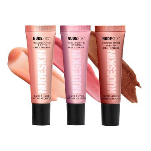Nudestix NudeGlow Lip Butter Trio – Hydrating Peptide Lip Set with Glossy Shimmer Tints in Vanilla Sprinkle, Rose Sparkle & Mocha Magic, Vegan & Clean