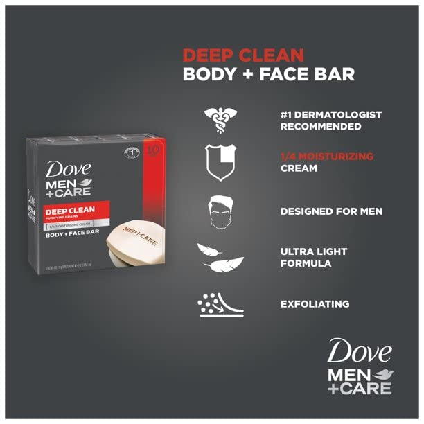 Dove Men+Care Deep Clean Moisturizing Bar Soap for Men, 3.75 oz, 10 Bars – Washes Away Bacteria & Nourishes Skin