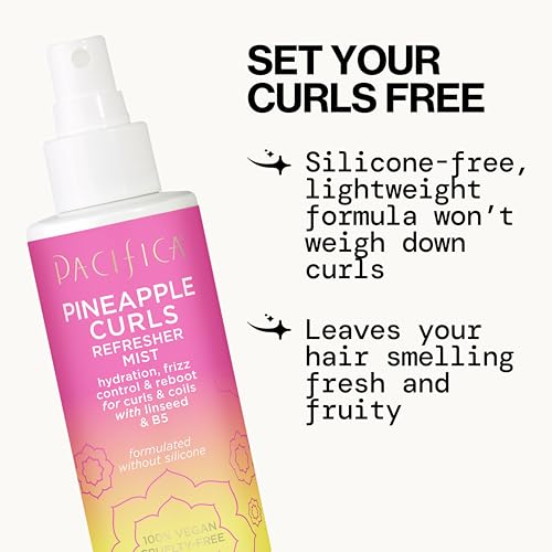 Pacifica Pineapple Curls Refresher Mist - Curl Spray with Hyaluronic Acid, Vitamin B5 & Plant Oils - Vegan, Dermatologist Tested - 4 Fl Oz