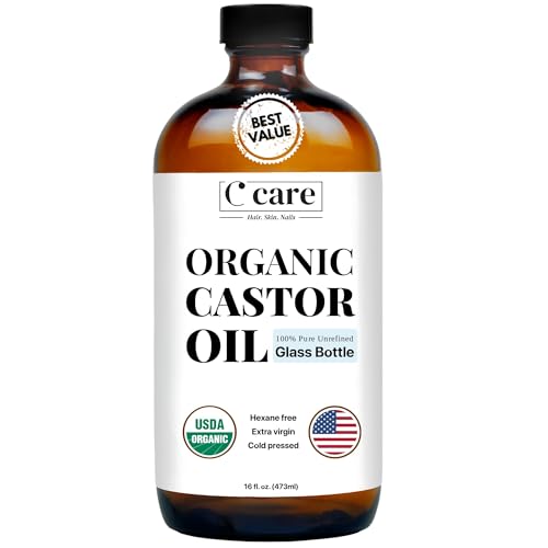 C CARE 100% Pure Organic Castor Oil, Cold Pressed & Unrefined, USDA Certified, Hexane-Free Extra Virgin Oil for Hair, Skin, Lashes & Brows, 16oz