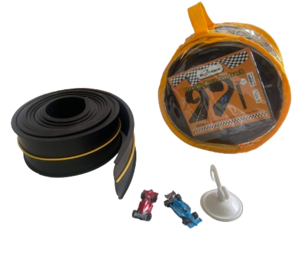 FLXTRACK Flexible Race Car Track Set – 2 Small Cars, Pressure Suction Cups, 2-Lane Slot Track, Zip-Up Bag, 5+ Meters Double-Sided, Montessori Toy