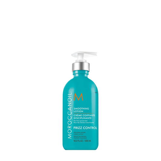 Moroccanoil frizz control lotion bottle on a white background