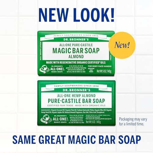 Dr. Bronner's Pure-Castile Almond Soap Bars, 2-Pack, 5oz – Vegan, Organic Oils, Gentle Cleanse for Face, Body & Hair