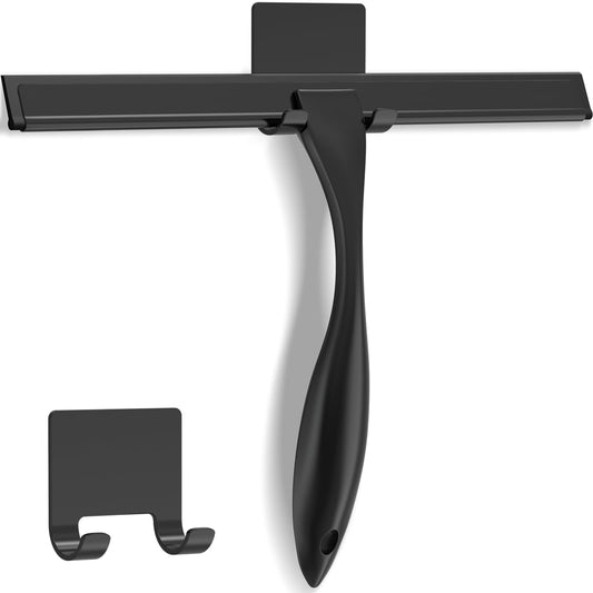 All-Purpose Stainless Steel Shower Squeegee – 10" Glass Door & Mirror Cleaner with Hook – Black, for Bathroom, Tile, Car