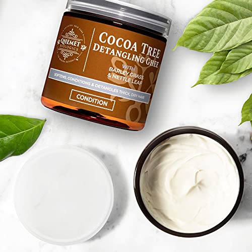 Qhemet Biologics Cocoa Tree Detangling Ghee – Softening Leave-In for 4C-3C Hair, Restores Elasticity & Shine, Eases Combing, 9 oz