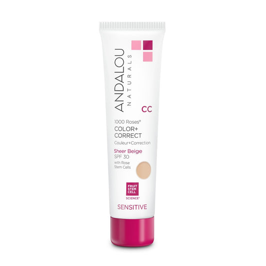 Andalou Naturals 1000 Roses CC Cream SPF 30 – Sheer Beige, 2-in-1 Face Sunscreen & Color Corrector for Sensitive Skin, 2 fl oz