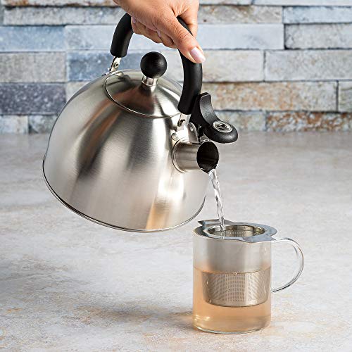 Primula Stewart 1.5-Qt Whistling Tea Kettle – Food-Grade Stainless Steel, Fast Boil, Cool-Touch Folding Handle, Brushed Finish with Black Handle