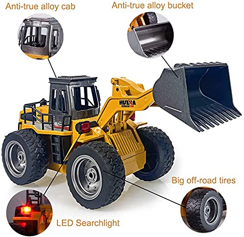 Remote Control Bulldozer Toy Truck 1:18 Scale, 4WD RC Front Loader Construction Vehicle for Kids 6+, Comes with 2 Rechargeable Batteries