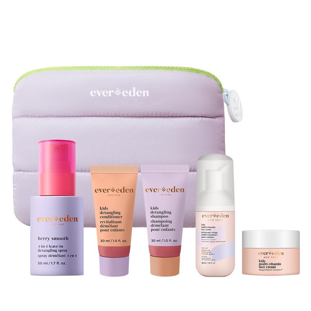 Evereden Kids Travel Skin Care Set – 5-Piece Vegan & Multi-Vitamin Kit with Shampoo, Conditioner, Body Wash, Lotion & Face Cream