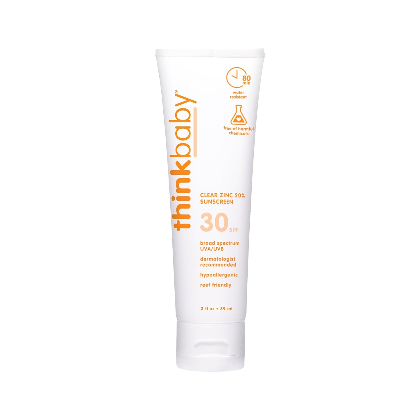 Thinkbaby Mineral Sunscreen SPF 30 – Clear Zinc Oxide, Baby Safe, Water Resistant, Reef Safe, Broad Spectrum UVA/UVB, 3 Fl Oz Travel Size