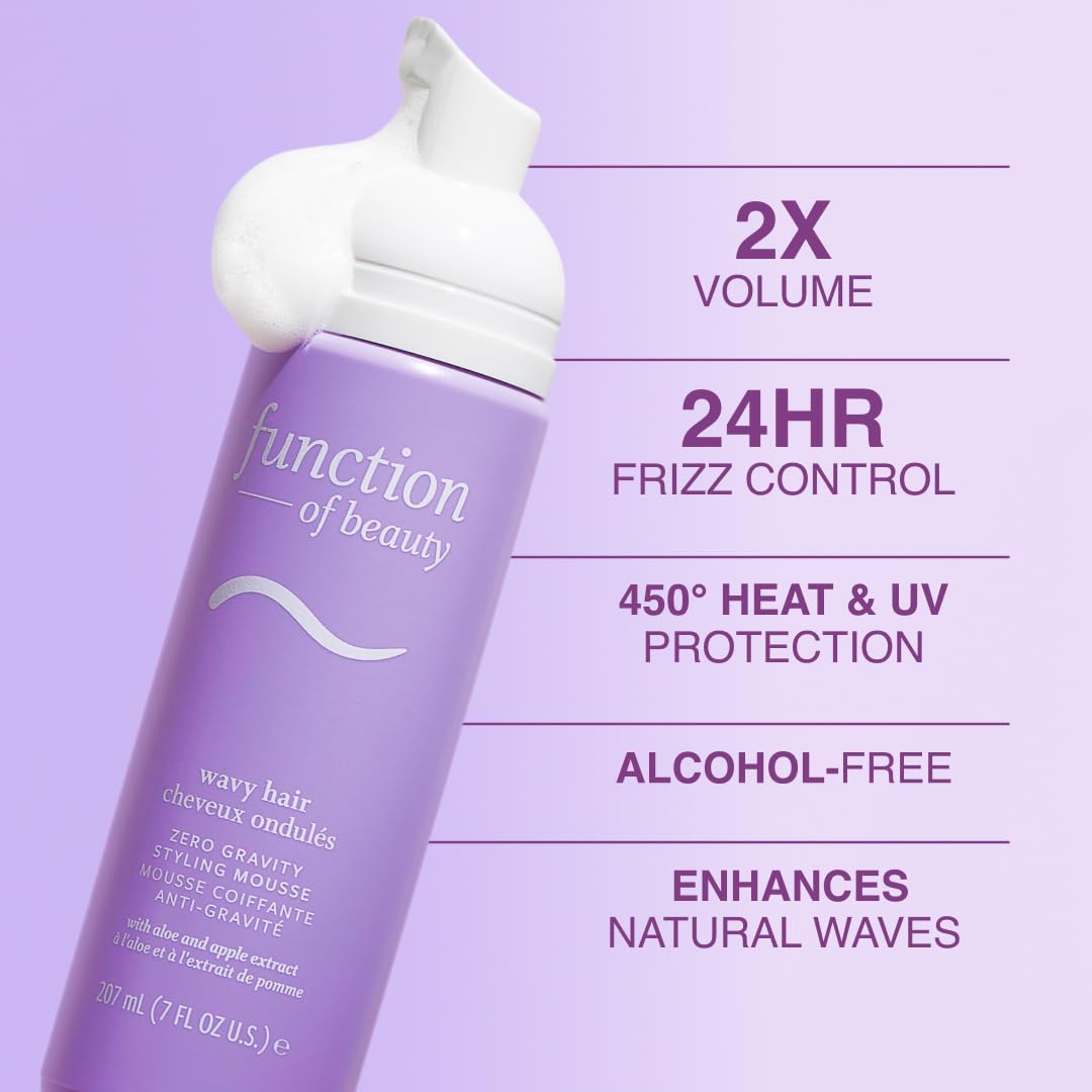 Function of Beauty Zero Gravity Styling Mousse 7oz – Volumizing, Frizz Control & Heat Protectant Up to 450°F, Defines Waves, Lightweight Flexible Hold