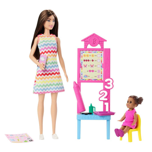 Barbie Teacher with Brunette Fashion Doll with Printed Dress, 1 Toddler Doll, & Teaching Accessories