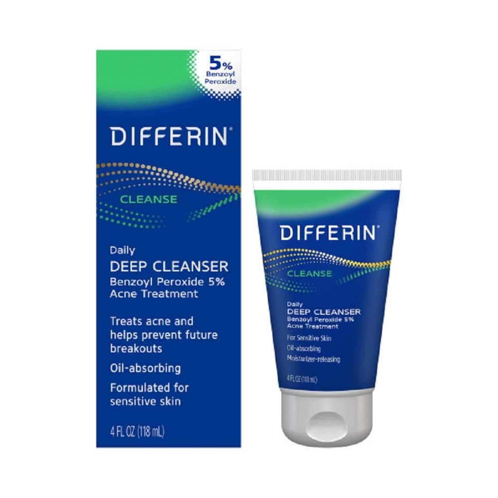 Differin Acne Face Wash 5% Benzoyl Peroxide – Daily Deep Cleanser for Acne-Prone, Sensitive Skin, Gentle Skincare, 4 oz