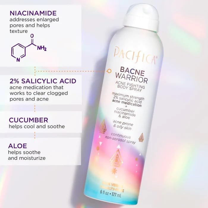 Pacifica Bacne Warrior Spray – 2% Salicylic Acid, Niacinamide & Aloe for Back, Chest & Body Acne – Dermatologist Tested, 6 Fl Oz