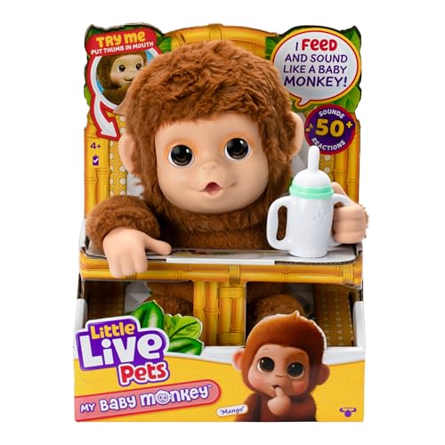 Little Live Pets My Baby Monkey Mango, 50+ Sounds and Reactions, Plush Interactive Monkey Toy Set with Accessories, Interactive Pets for Kids Ages 4+