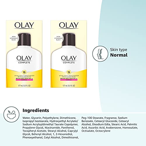Olay Daily Face Moisturizer SPF 15 for Normal Skin - Lightweight Hydrating Lotion with Vitamins C, E & Niacinamide, 6 oz, 2-Pack
