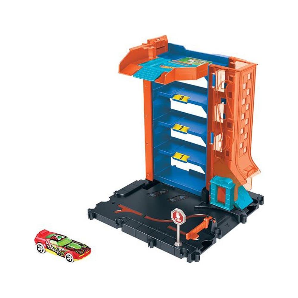 Hot Wheels City Toy Car Track Set, Downtown Car Park Playset with 1:64 Scale Vehicle, 4 Levels, Working Lift & Exit Chute