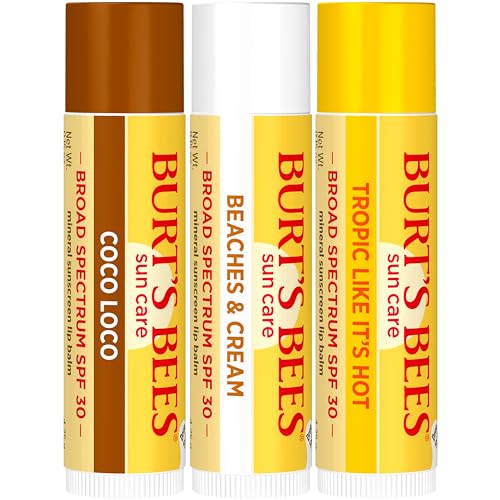 Burt’s Bees SPF 30 Lip Balm Trio, Island Getaway - Coco Loco, Beaches & Cream, Tropic Like It’s Hot, Water-Resistant, 0.15 oz Each