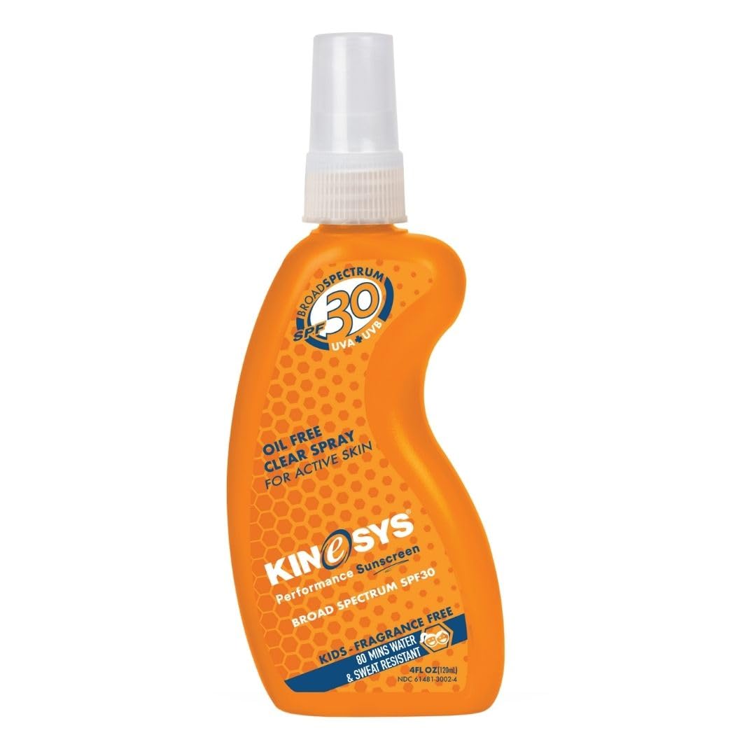 KINeSYS Kids SPF 30 Sunscreen Spray – Fragrance Free, Hypoallergenic, Clear, Broad Spectrum UVA/UVB for Face & Body, PABA & Oxybenzone Free, 4 Fl Oz
