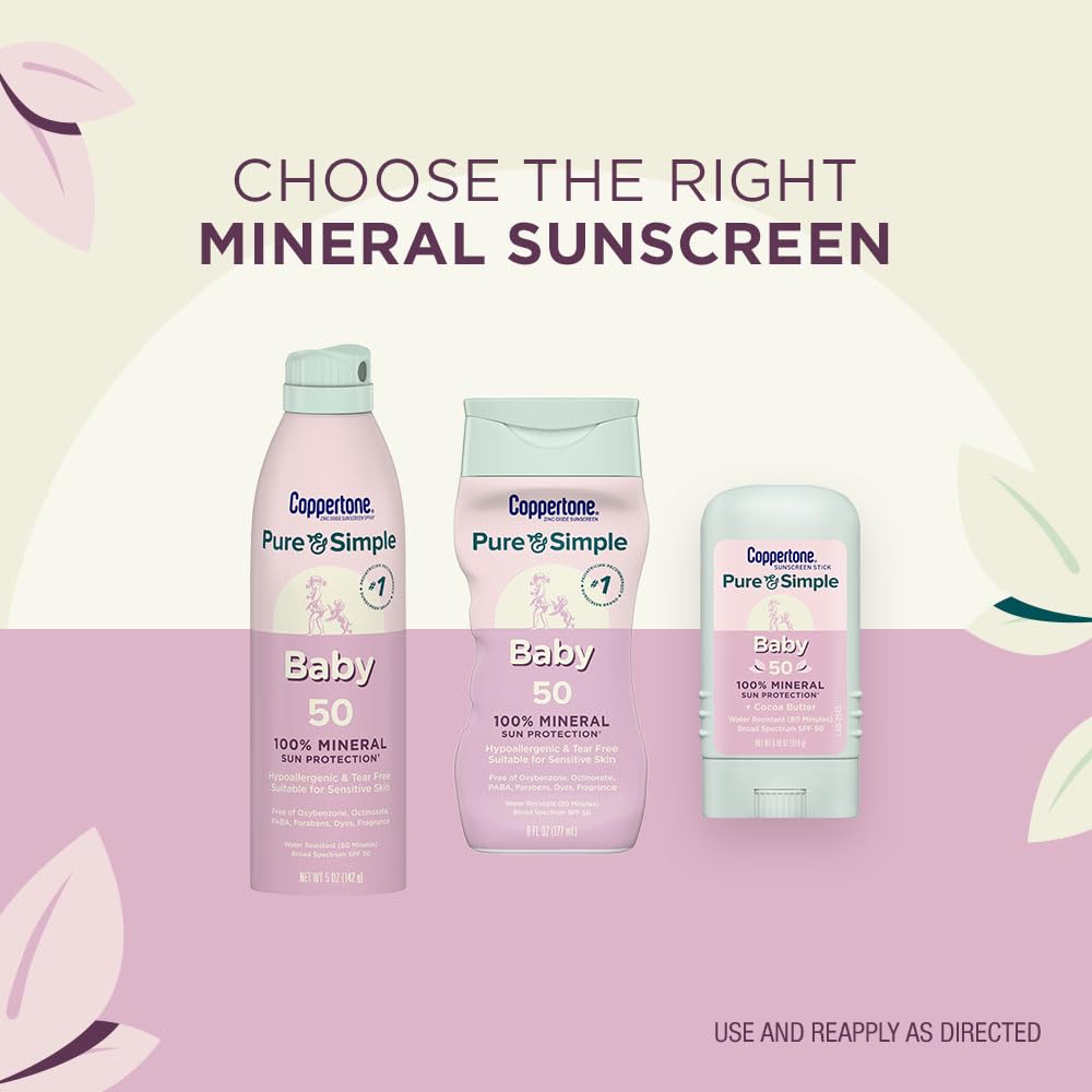 Coppertone Pure and Simple Baby Mineral Sunscreen Lotion SPF 50 (6 Fl Oz) + Baby Sunscreen Stick SPF 50 (0.49 Oz), Hypoallergenic and Fragrance Free