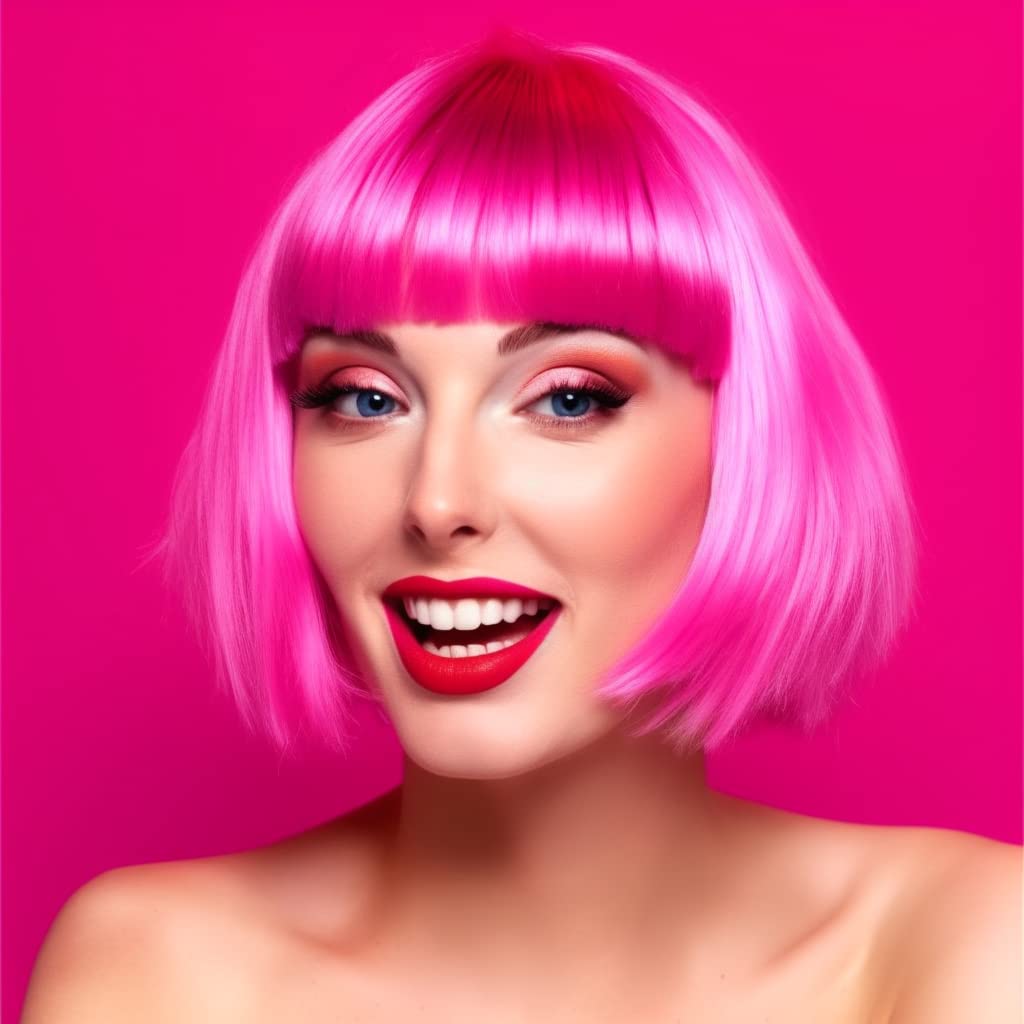 LIULIUBTY Short Bob Hair Wigs Straight with Flat Bangs Synthetic Colorful Cosplay Daily Party Neon Wig for Women + Free Wig Cap 14" Natural As Real
