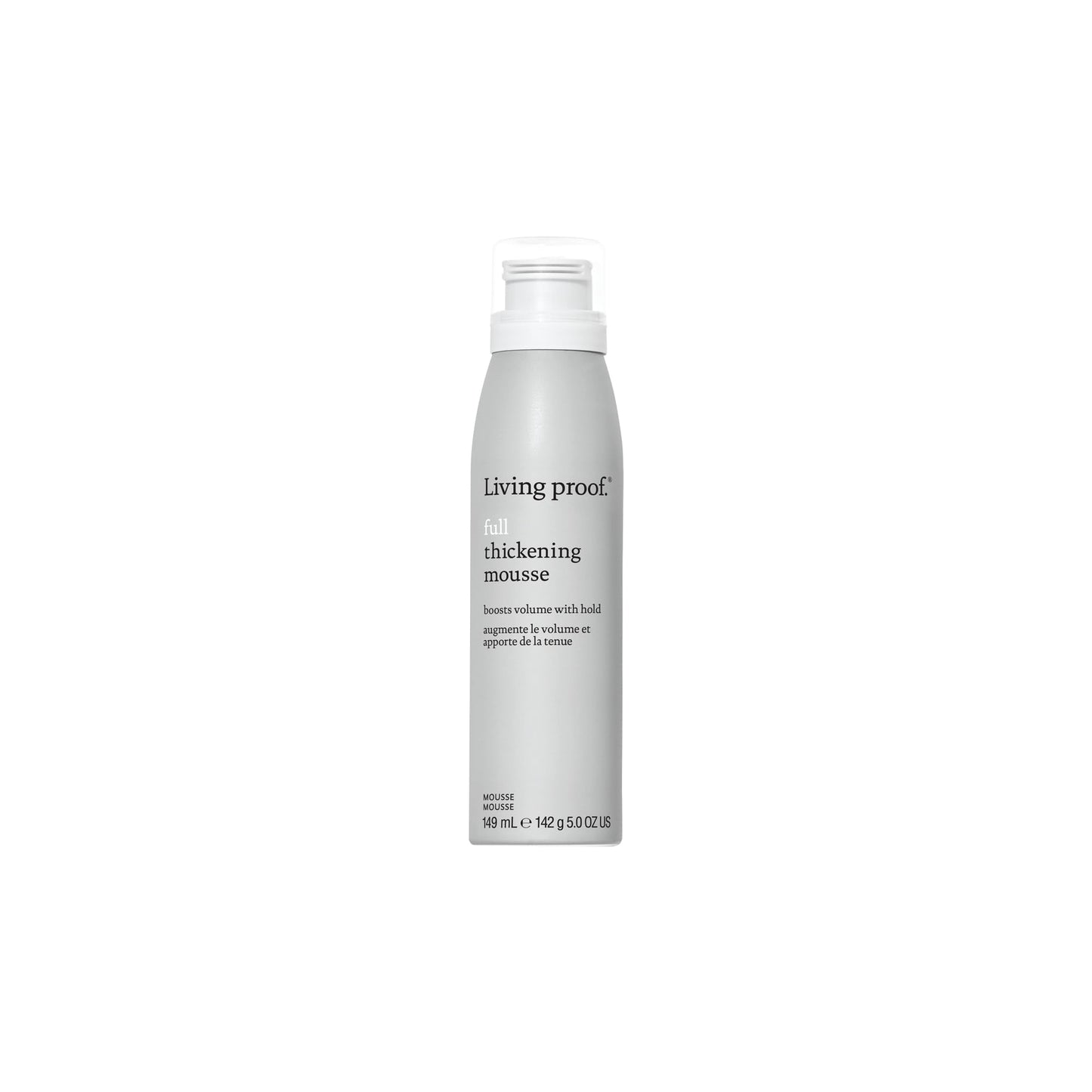 Living Proof thickening mousse bottle on a white background