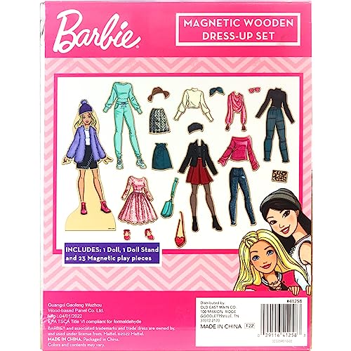 Barbie Magnetic Wooden Dress-Up Set – Wooden Doll with Mix & Match Outfits, Storage Box, Educational Pretend Play Toy for Girls 3+