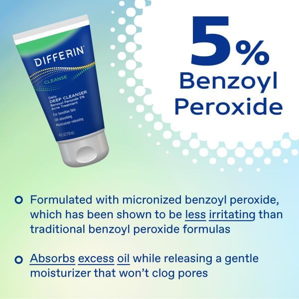 Differin Acne Face Wash 5% Benzoyl Peroxide – Daily Deep Cleanser for Acne-Prone, Sensitive Skin, Gentle Skincare, 4 oz