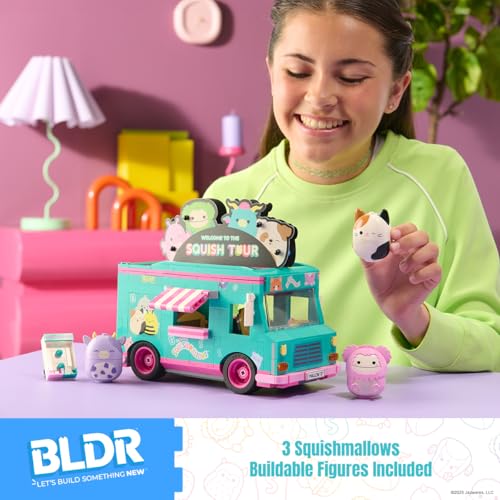 BLDR Squishmallows Squish Tour Van Building Set - Cam The Cat, Bubba The Cow, & Brina The Bigfoot Buildable Figures - Squishmallows Fans 8+, 0098