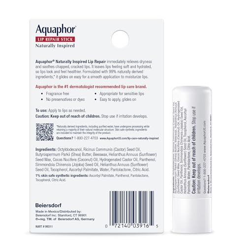 Aquaphor Naturally Inspired Lip Repair Stick with Coconut Oil and Natural Shea Butter, Hydrating Lip Balm Immediately Relieves Dryness, 0.17 Oz Stick