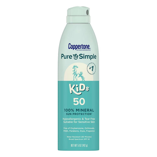 Coppertone Pure and Simple Kids Sunscreen Spray SPF 50, Zinc Oxide Mineral Sunscreen for Sensitive Skin, Hypoallergenic and Tear Free, 5 Oz Can
