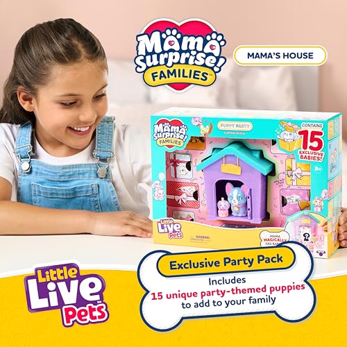 Little Live Pets Dog House Playset, Mama Surprise Families Puppy Party Pack, 15 Mini Collectible Puppies, Fold-Out Dog Playset Toy Gift for Kids 5+