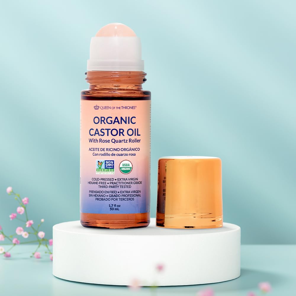 Queen of the Thrones Organic Golden Castor Oil Roll-On with Rose Quartz – Pure, Hexane-Free, Cold-Pressed for Skin, Brows & Lashes, 50mL