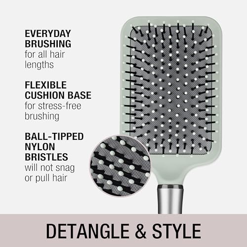 Conair Velvet Touch Paddle Cushion Hair Brush – Detangling Brush for Curly or Straight Hair – Soft Grip Handle – Unisex, Sage Green
