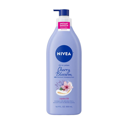 NIVEA Cherry Blossom & Jojoba Oil Body Lotion for Women, Fast-Absorbing, Non-Greasy, 48H Moisture, 16.9 Fl Oz Pump Bottle