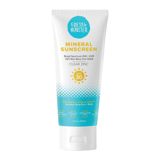 Fresh Monster Daily Kids Sunscreen SPF 30 – Clear Mineral Zinc Oxide, Face & Body, Reef Safe, Hypoallergenic, UVA/UVB Protection