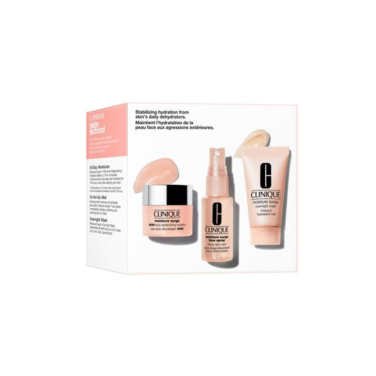 Clinique Skin School Essentials Set – Moisture Surge Hydrator 0.5oz, Face Spray 1oz, Overnight Mask 1oz for Glowing Skin