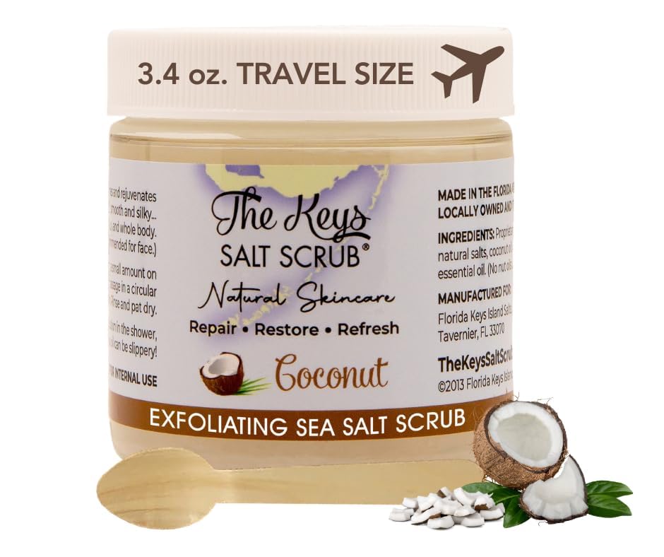 The Keys Sea Salt Scrub – Exfoliating & Moisturizing Body Scrub with Wooden Spoon for Hands, Feet & Bath, Coconut Scent, 3.4 oz