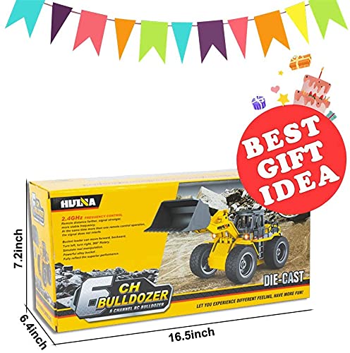 Remote Control Bulldozer Toy Truck 1:18 Scale, 4WD RC Front Loader Construction Vehicle for Kids 6+, Comes with 2 Rechargeable Batteries