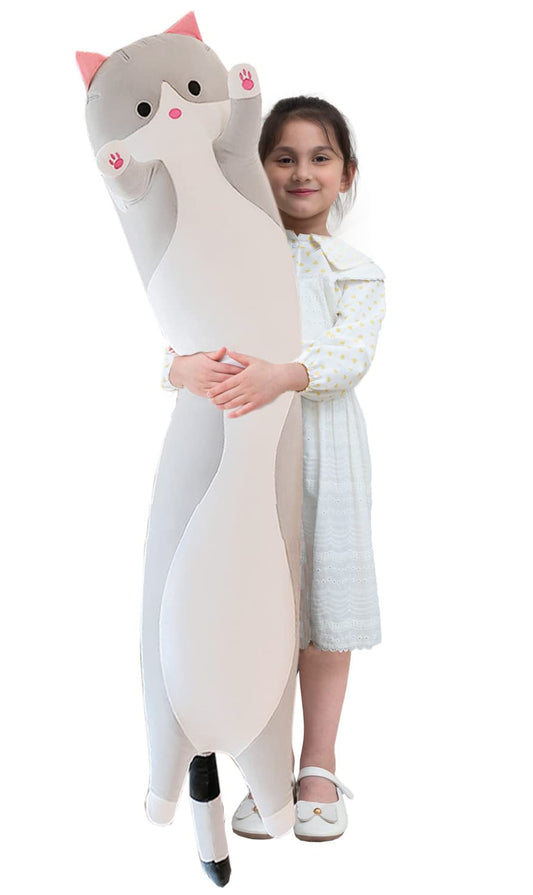 Giant Cat Pillow Plush, Soft Long Kitty Body Hugging Cushion Toy, Cuddly Cartoon Cat Plush Doll for Kids & Girlfriend (Gray, 110cm)