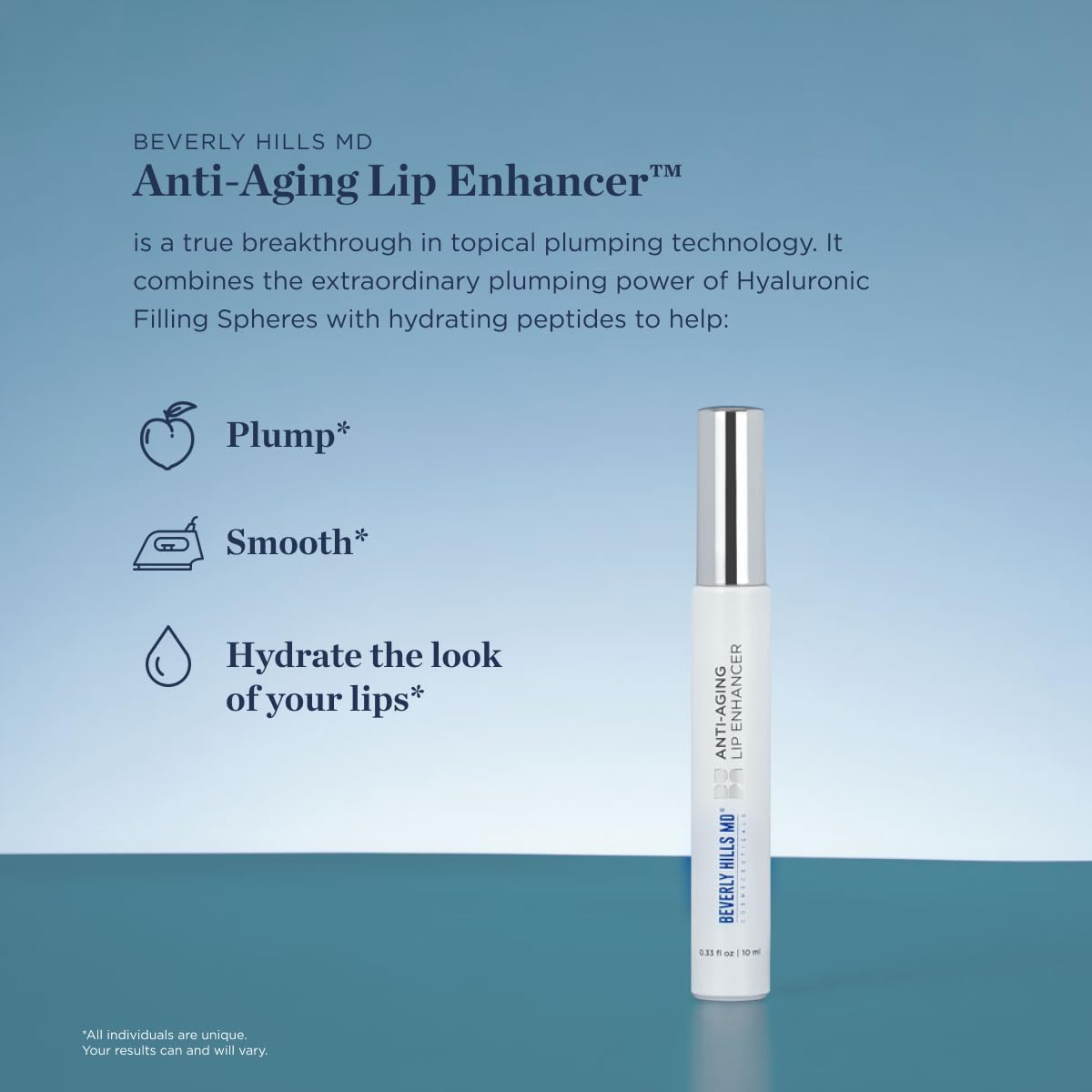 Beverly Hills MD Anti-Aging Lip Enhancer – Plumps, Smooths & Hydrates Lips with Hyaluronic Acid, Peptides & Ceramides, No Sting