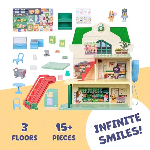 Bluey and Bingo Supermarket Playset with Escalator, Pretend Play Toys for Toddlers, Sounds and 15 Pieces, Grocery Store Playset