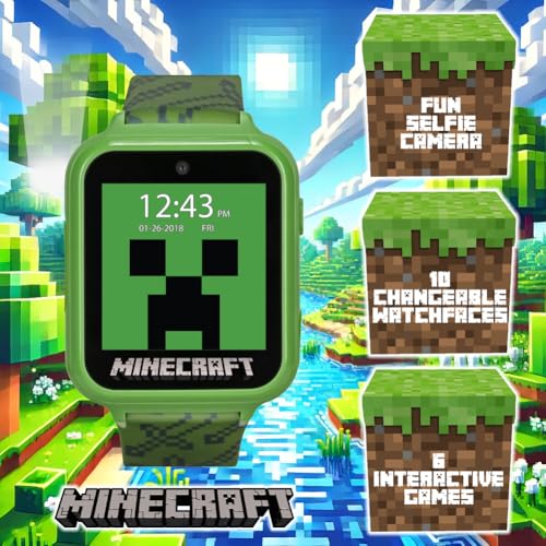 Minecraft Kids Smart Watch – Touchscreen, Camera, Video, Games, Alarm, Calculator & Pedometer – Fits 5.5"–8" Wrists