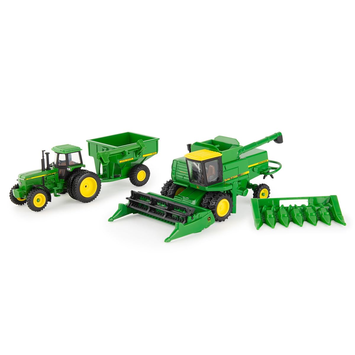 John Deere 1/64 Scale 5 pc Harvesting Set 4555 Tractor, 7720 Combine w/2 Heads, 500 Grain Cart