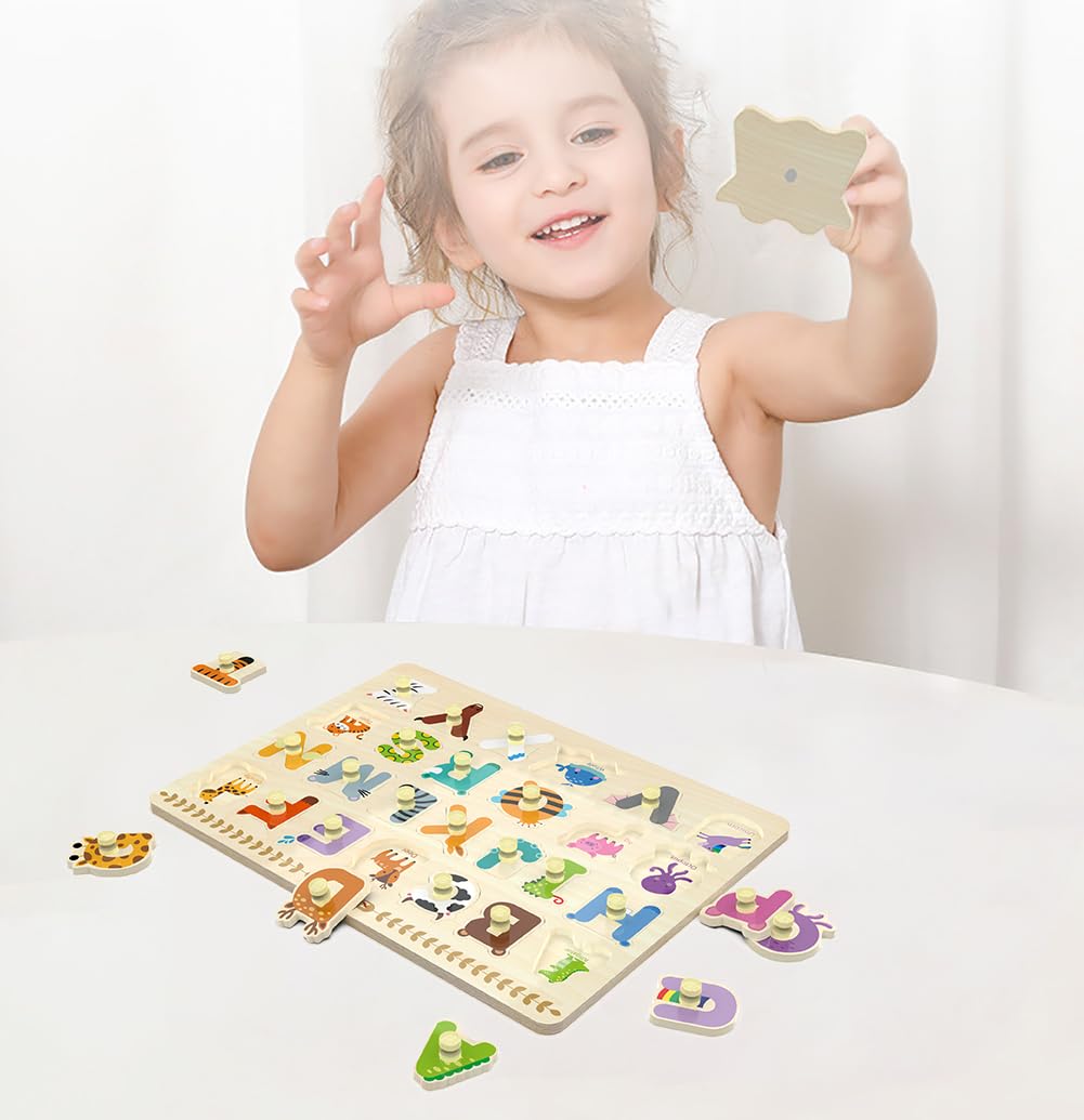 Wooden Alphabet Peg Puzzle for Toddlers – Knob Board, ABC Shape & Learning Toy, Chunky Preschool Puzzle for Boys & Girls Ages 2-4