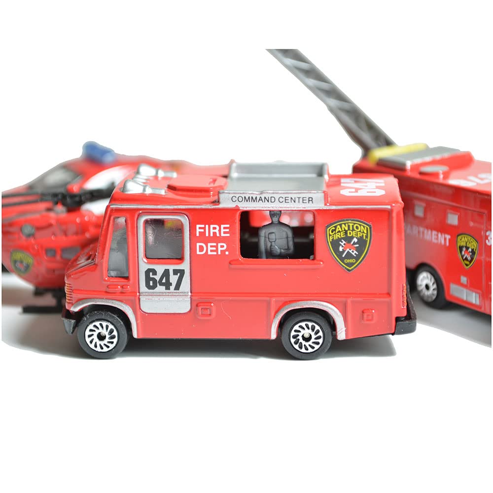 BOHS Fire Department Rescue Vehicles 5-Piece Die-Cast Set: Mini Metal Ladder Truck, Rescue Helicopter, Fire Engine, Patrol Car & Command Center