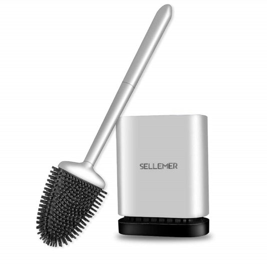 Sellemer Toilet Brush and Holder Set – Flexible Silicone Bristles, Compact Design with Ventilated Base – 1 Pack, Silver