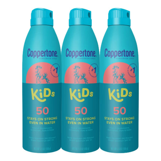 Coppertone Kids SPF 50 Sunscreen Spray, Water Resistant Sunblock for Kids, Oxybenzone & Dye Free, Pediatrician Recommended, 5.5 Oz, 3 Pack