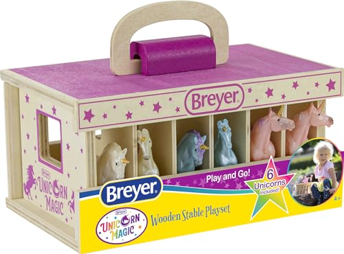Breyer Unicorn Magic Wooden Carry Stable Playset with 6 Hand-Painted Unicorns – Toys & Gifts for Girls Ages 4–8