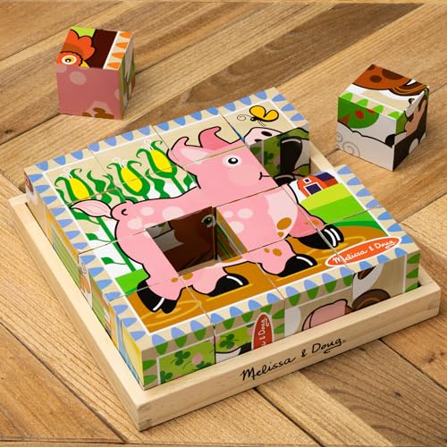 Melissa & Doug Farm Wooden Cube Puzzle with Storage Tray – 6-in-1 Animal Puzzle for Toddlers and Preschoolers – 16 Wooden Cubes – Farm Toy for Kids Ages 3+ - FSC Certified
